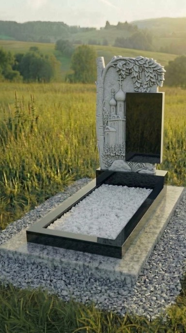 Гранитный памятник с орнаментом храма