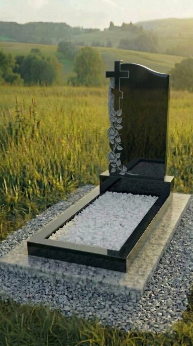 Вертикальный памятник из чёрного карельского гранита с крестом и резными розами