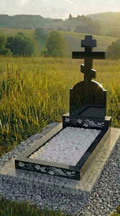 Памятник в форме креста из чёрного карельского гранита, строгий гранитный памятник