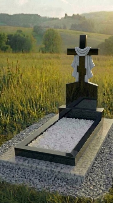 Памятник с крестом и тканью из чёрного гранита, резной гранитный памятник