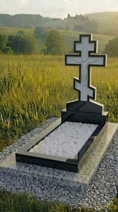 Памятник с православным крестом из чёрного гранита, резная модель на могилу