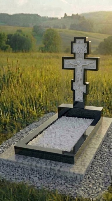 Православный крест-памятник из чёрного гранита габбро с художественной резьбой