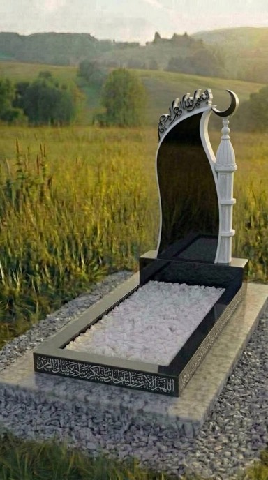 Резной мусульманский памятник из чёрного гранита с мечетью и полумесяцем, памятник на могилу