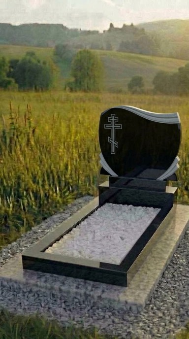 Двойной памятник на могилу из чёрного гранита с крестом и фигурной волной на две персоны