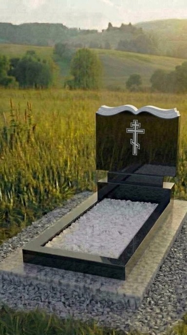 Двойной памятник на могилу из чёрного гранита карельский габбро с православным крестом и волнообразной формой