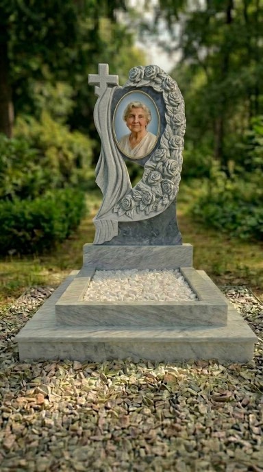 Памятник из мрамора Полевской с резной стелой, изображением голубей и благоустройством могилы